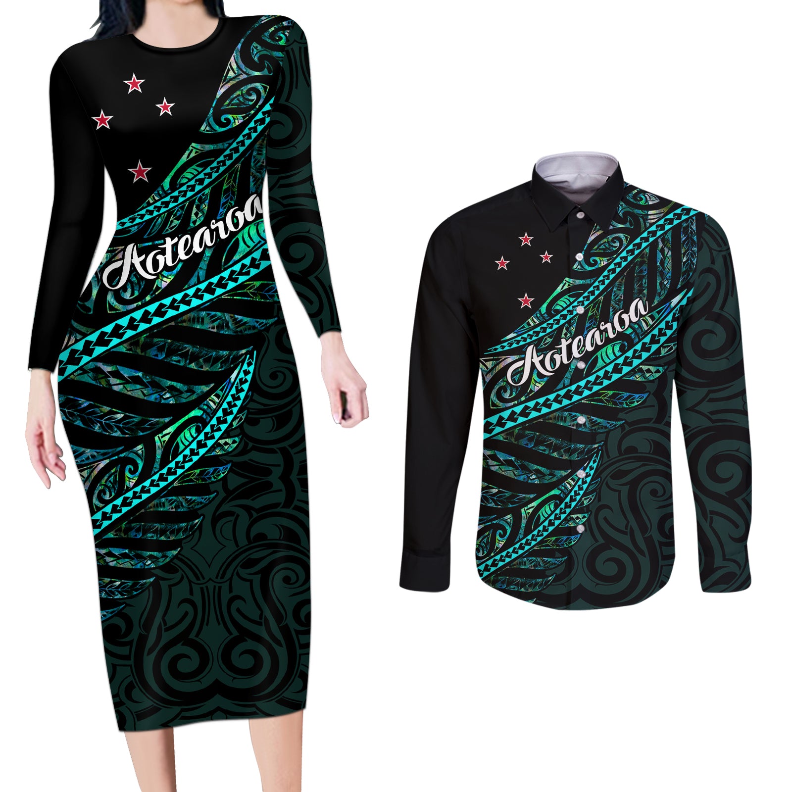 Personalised Aotearoa Couples Matching Long Sleeve Bodycon Dress and Long Sleeve Button Shirts Silver Fern Mix Paua Shell Polynesian Pattern LT01 Black - Polynesian Pride