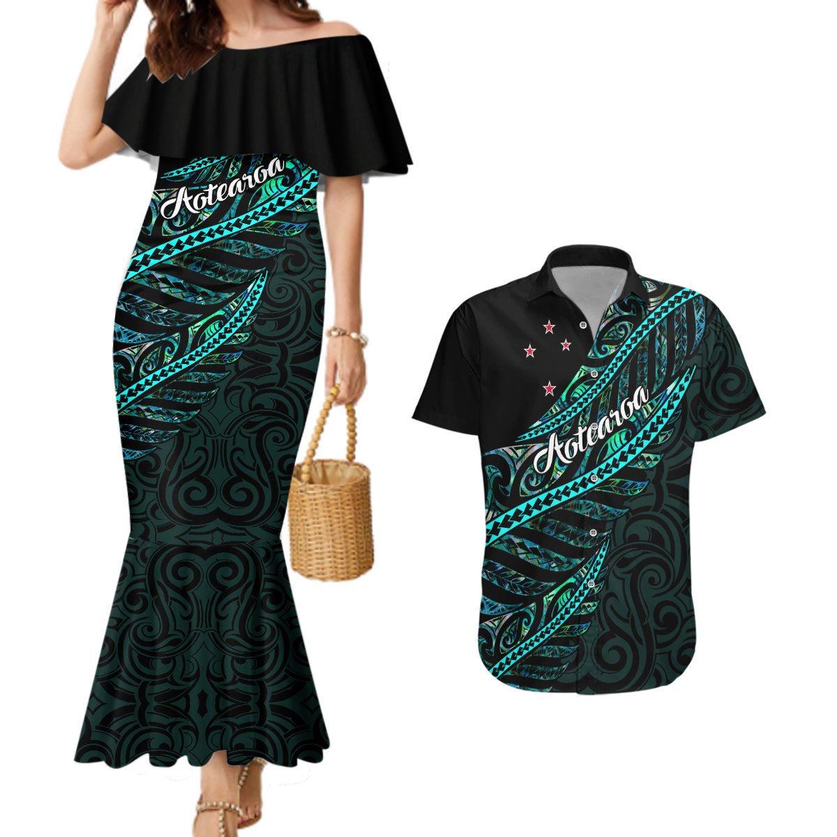 Personalised Aotearoa Couples Matching Mermaid Dress and Hawaiian Shirt Silver Fern Mix Paua Shell Polynesian Pattern LT01 Black - Polynesian Pride
