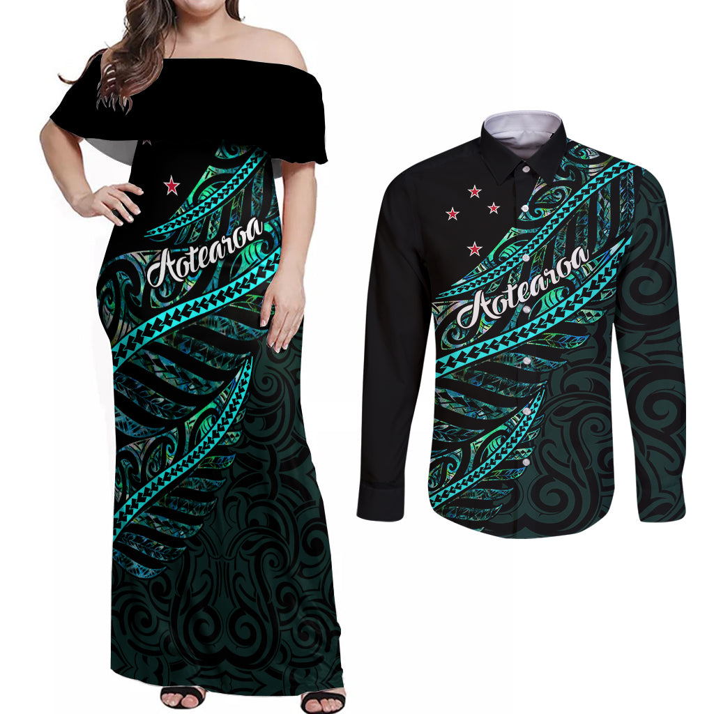 Personalised Aotearoa Couples Matching Off Shoulder Maxi Dress and Long Sleeve Button Shirts Silver Fern Mix Paua Shell Polynesian Pattern LT01 Black - Polynesian Pride