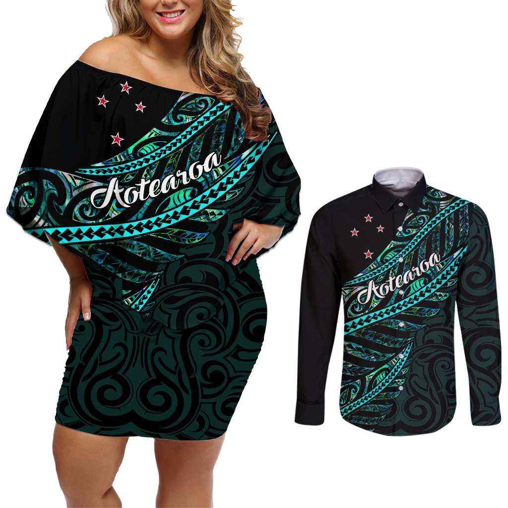 Personalised Aotearoa Couples Matching Off Shoulder Short Dress and Long Sleeve Button Shirts Silver Fern Mix Paua Shell Polynesian Pattern LT01 Black - Polynesian Pride