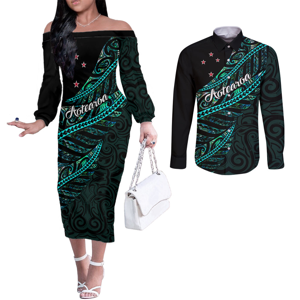 Personalised Aotearoa Couples Matching Off The Shoulder Long Sleeve Dress and Long Sleeve Button Shirts Silver Fern Mix Paua Shell Polynesian Pattern LT01 Black - Polynesian Pride