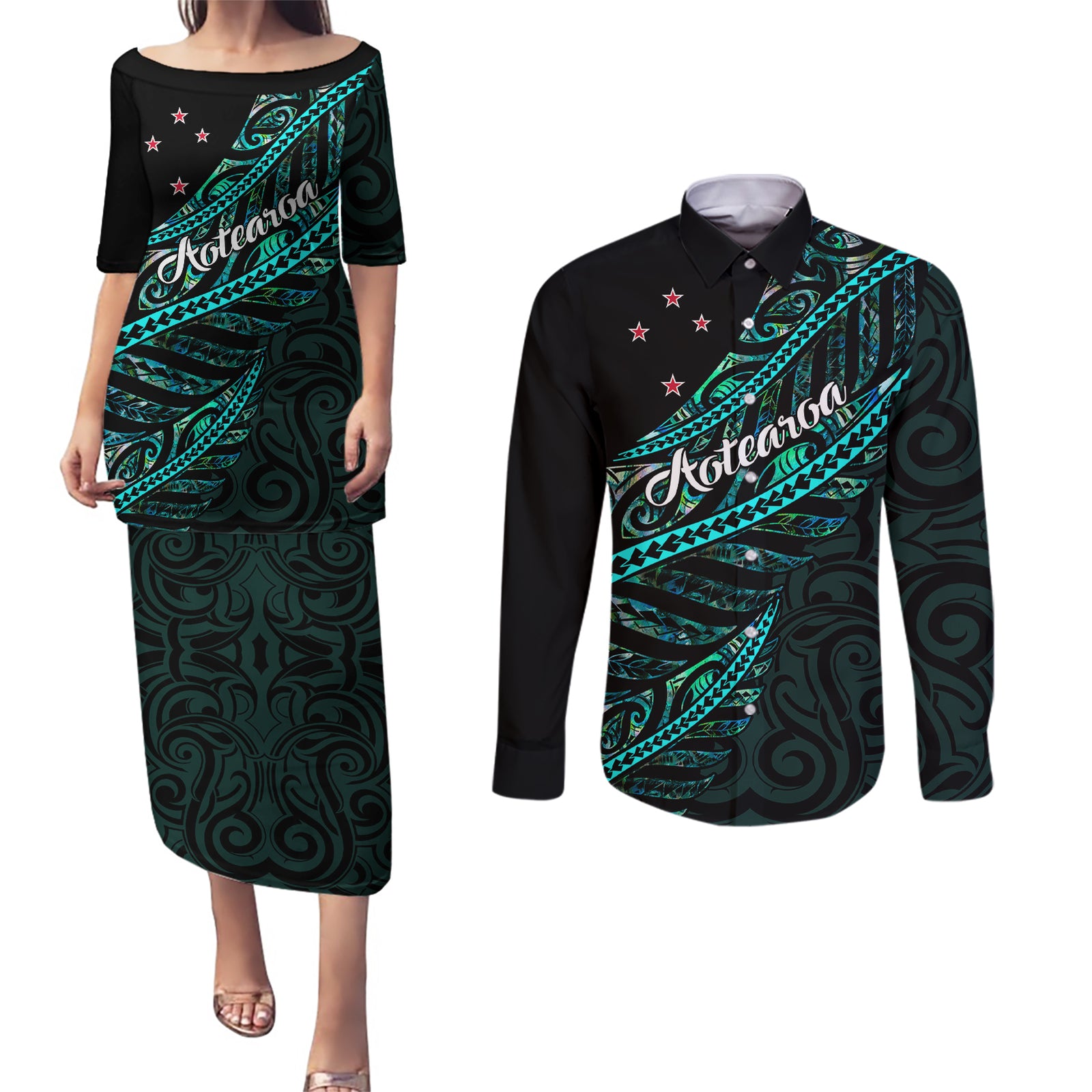 Personalised Aotearoa Couples Matching Puletasi Dress and Long Sleeve Button Shirts Silver Fern Mix Paua Shell Polynesian Pattern LT01 Black - Polynesian Pride