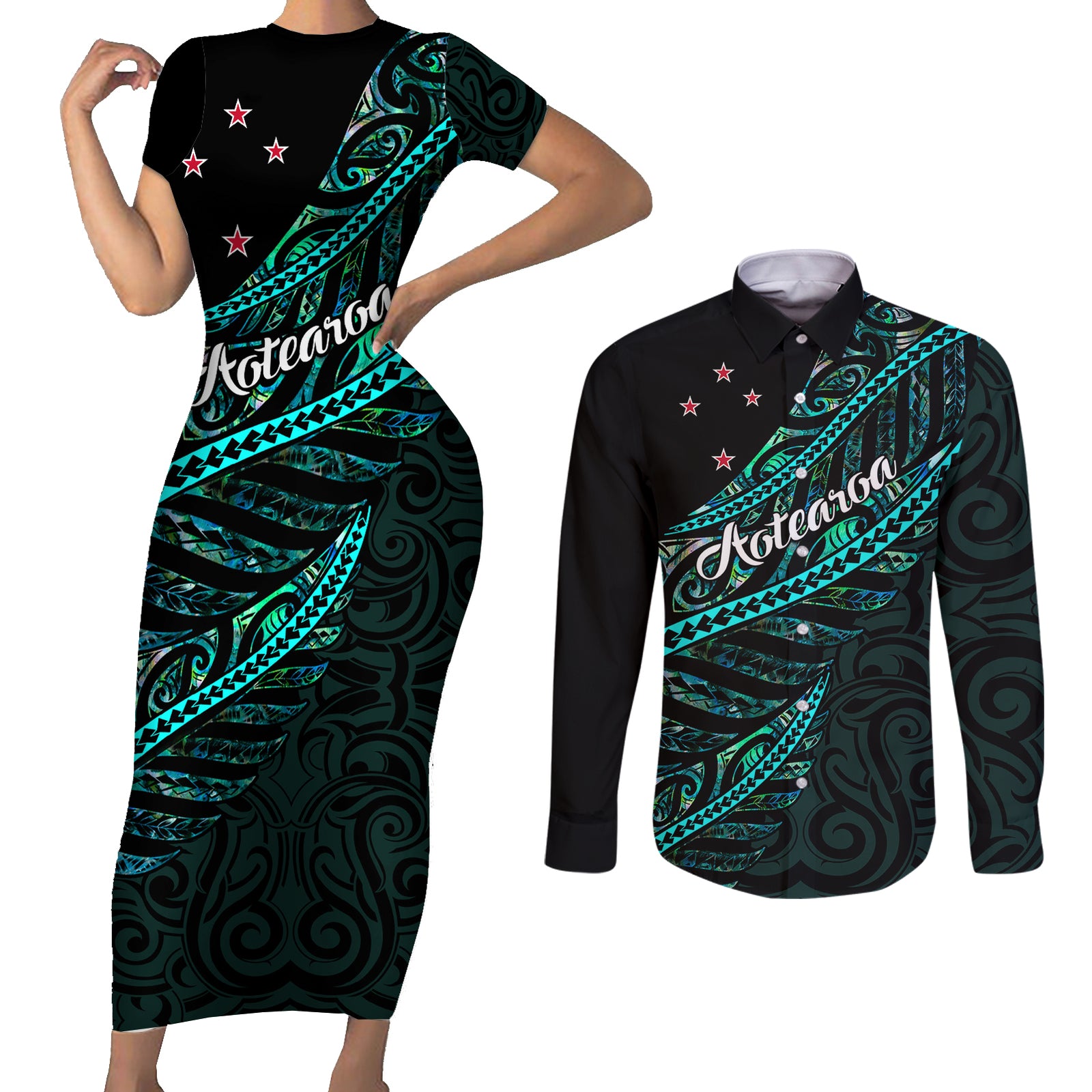 Personalised Aotearoa Couples Matching Short Sleeve Bodycon Dress and Long Sleeve Button Shirts Silver Fern Mix Paua Shell Polynesian Pattern LT01 Black - Polynesian Pride