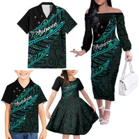 personalised-aotearoa-family-matching-off-shoulder-long-sleeve-dress-and-hawaiian-shirt-silver-fern-mix-paua-shell-polynesian-pattern