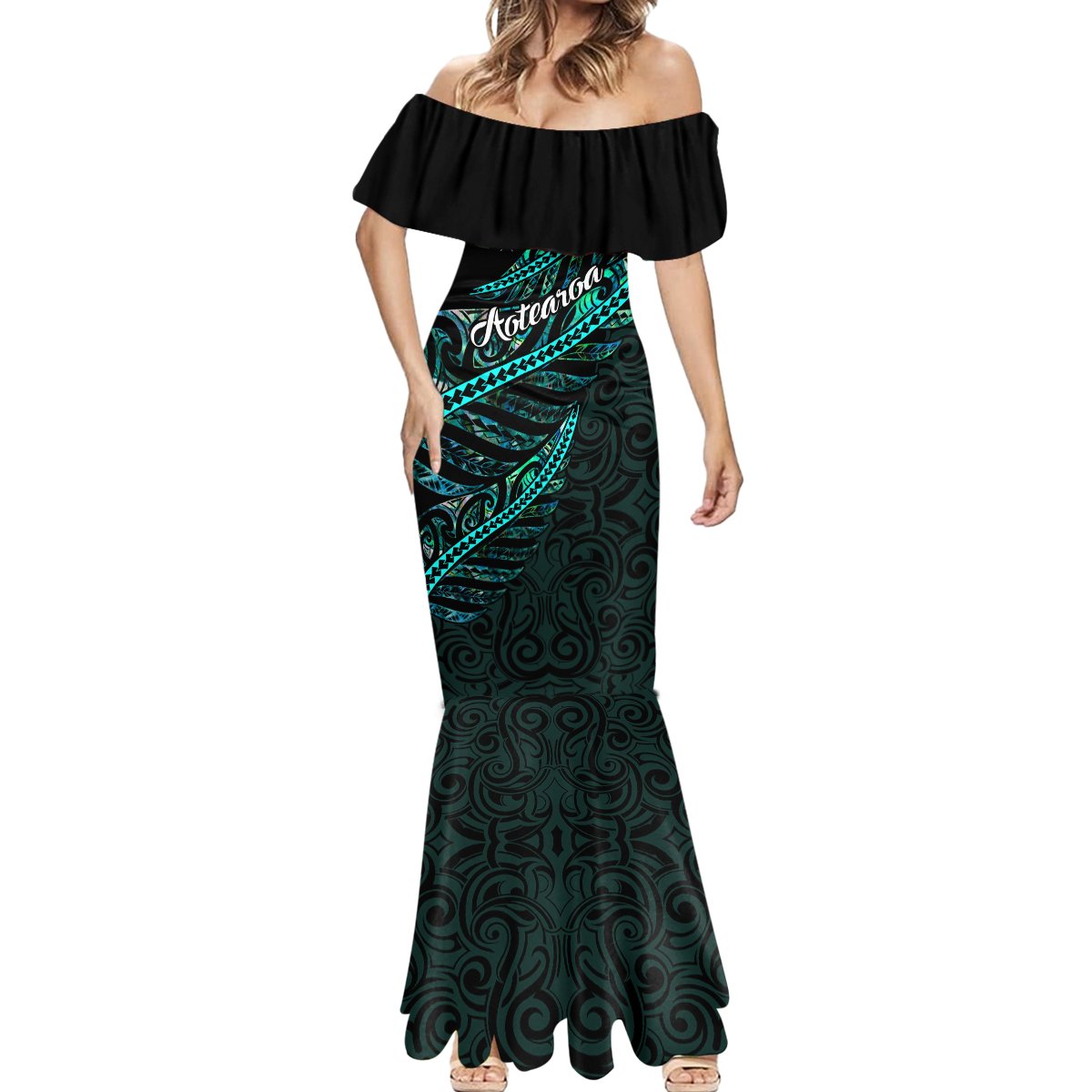 personalised-aotearoa-mermaid-dress-silver-fern-mix-paua-shell-polynesian-pattern