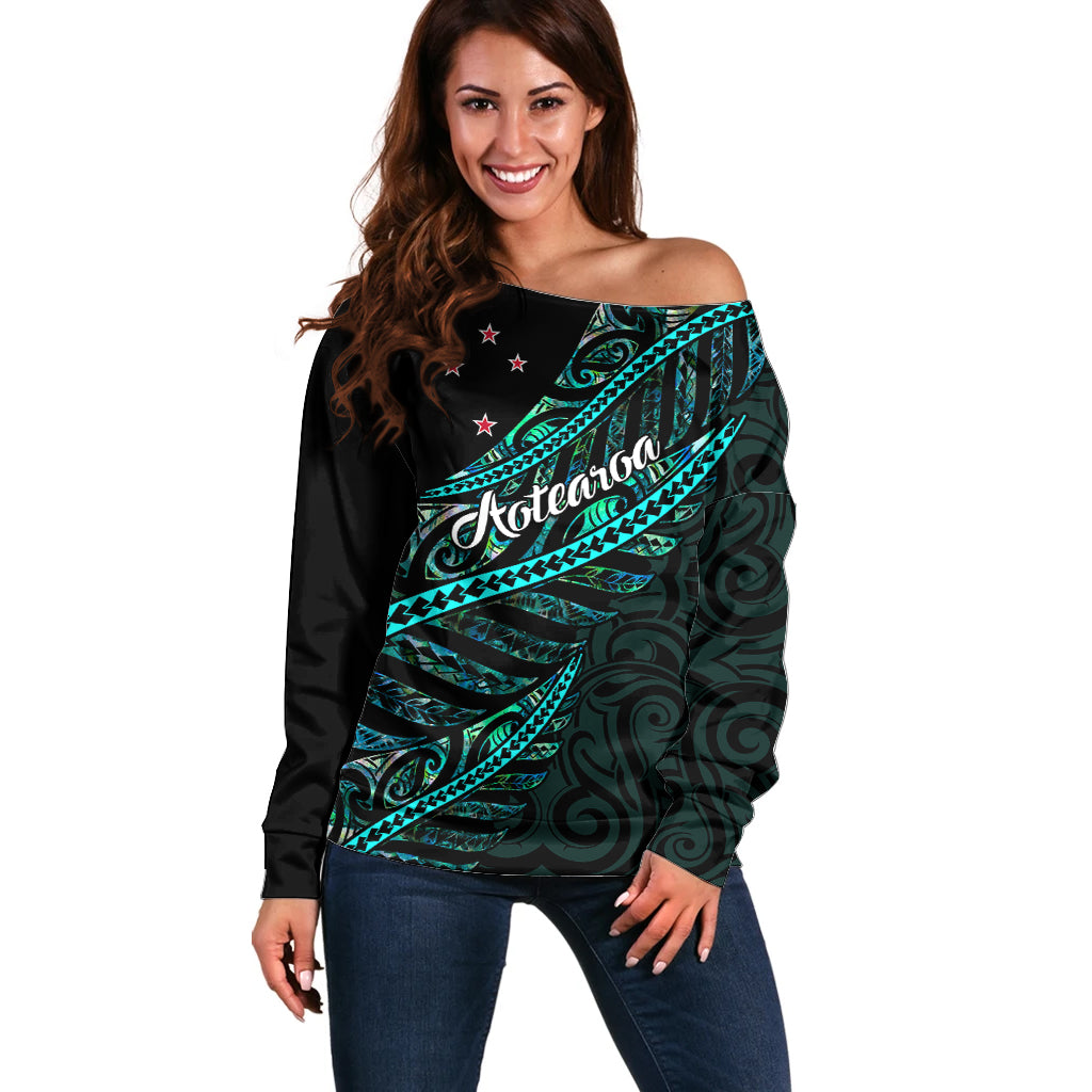 Personalised Aotearoa Off Shoulder Sweater Silver Fern Mix Paua Shell Polynesian Pattern LT01 Women Black - Polynesian Pride