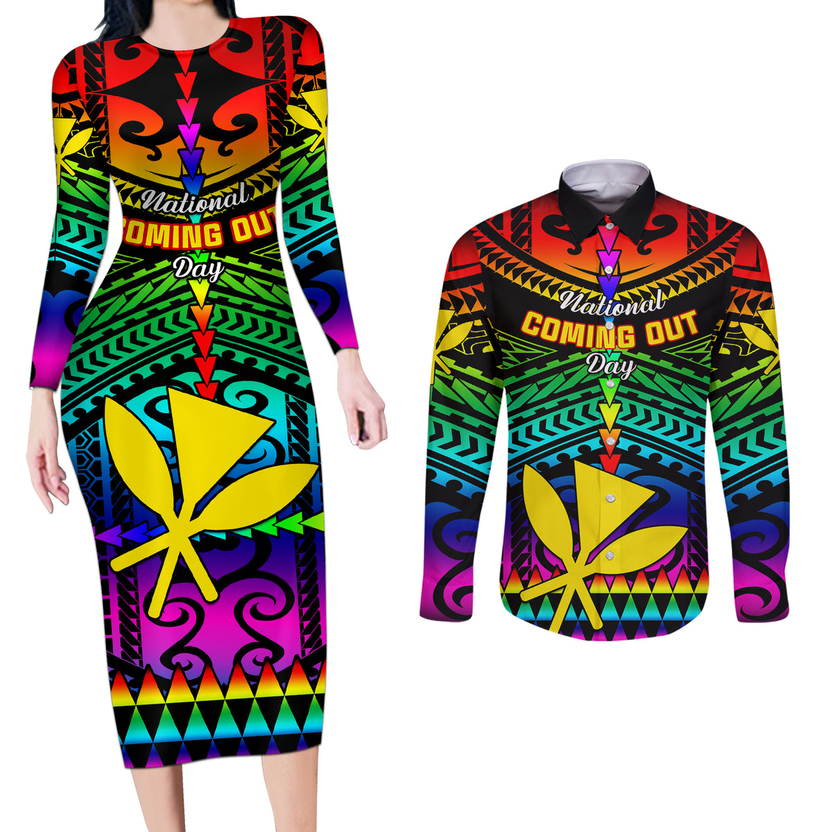 Personalised Hawaii Couples Matching Long Sleeve Bodycon Dress and Long Sleeve Button Shirts Kanaka Maoli Kakau 2023 National Coming Out Day LT01 Black - Polynesian Pride