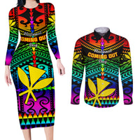 Personalised Hawaii Couples Matching Long Sleeve Bodycon Dress and Long Sleeve Button Shirts Kanaka Maoli Kakau 2023 National Coming Out Day LT01 Black - Polynesian Pride