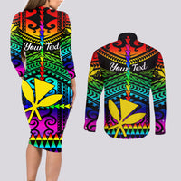 Personalised Hawaii Couples Matching Long Sleeve Bodycon Dress and Long Sleeve Button Shirts Kanaka Maoli Kakau 2023 National Coming Out Day LT01 - Polynesian Pride