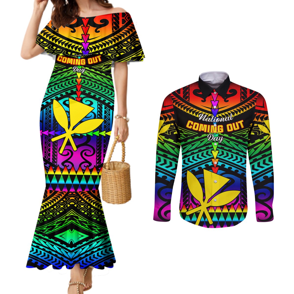 Personalised Hawaii Couples Matching Mermaid Dress and Long Sleeve Button Shirts Kanaka Maoli Kakau 2023 National Coming Out Day LT01 Black - Polynesian Pride