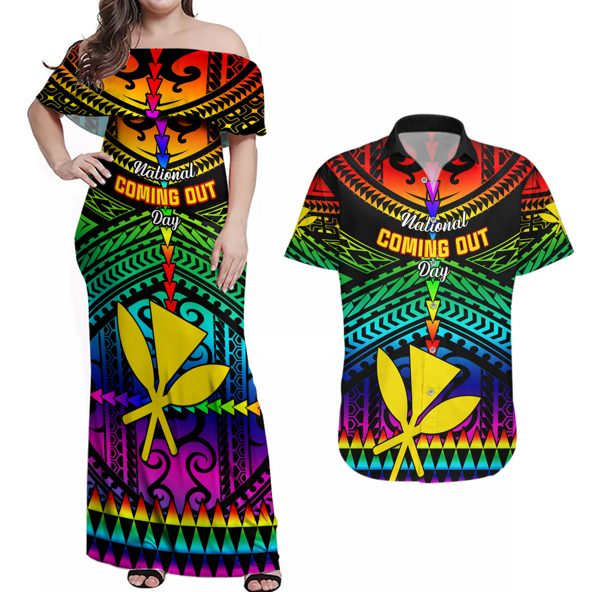 Personalised Hawaii Couples Matching Off Shoulder Maxi Dress and Hawaiian Shirt Kanaka Maoli Kakau 2023 National Coming Out Day LT01 Black - Polynesian Pride