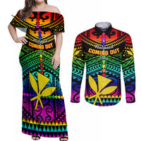 Personalised Hawaii Couples Matching Off Shoulder Maxi Dress and Long Sleeve Button Shirts Kanaka Maoli Kakau 2023 National Coming Out Day LT01 Black - Polynesian Pride