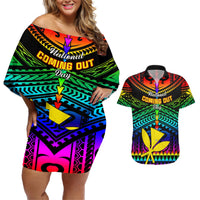 Personalised Hawaii Couples Matching Off Shoulder Short Dress and Hawaiian Shirt Kanaka Maoli Kakau 2023 National Coming Out Day LT01 Black - Polynesian Pride