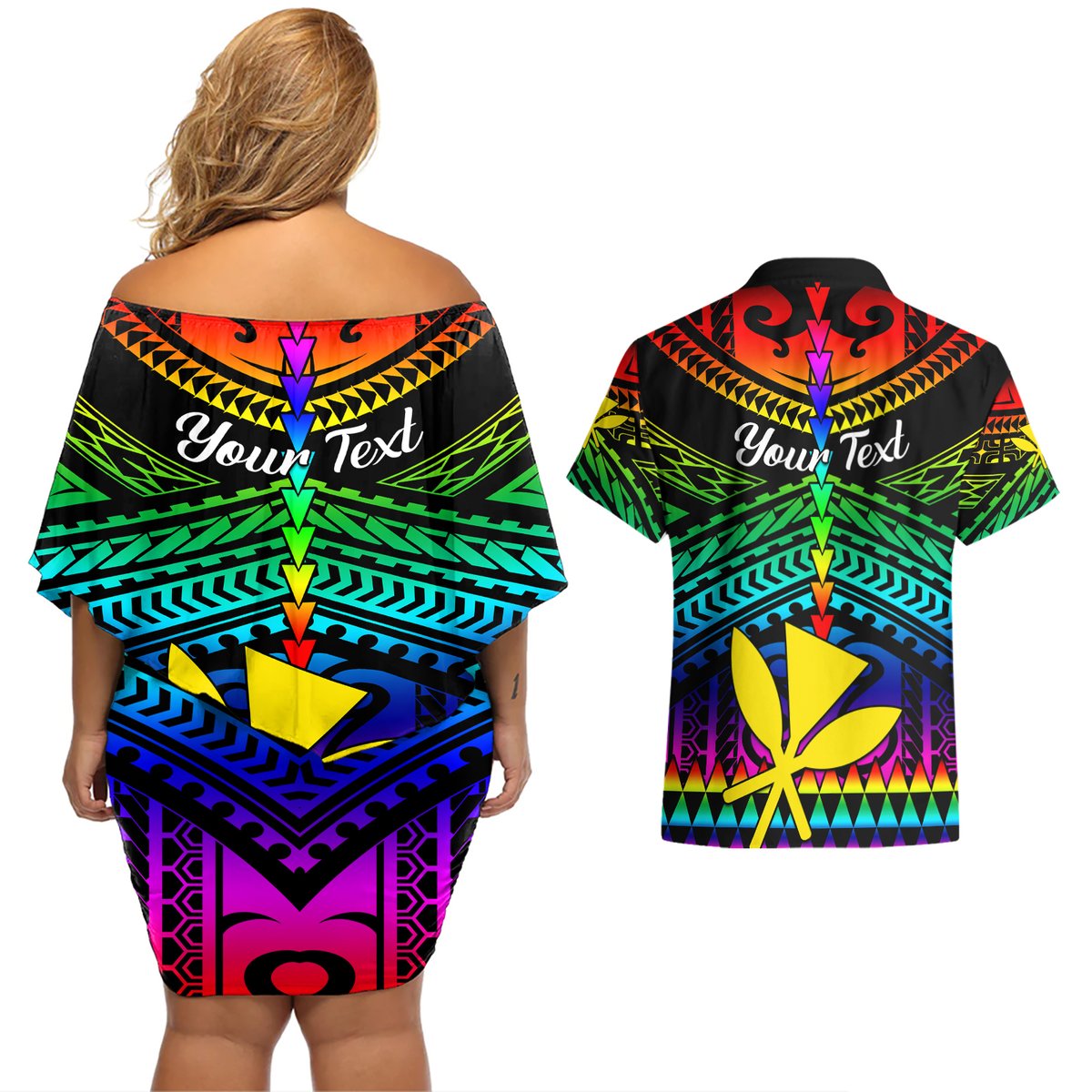 Personalised Hawaii Couples Matching Off Shoulder Short Dress and Hawaiian Shirt Kanaka Maoli Kakau 2023 National Coming Out Day LT01 - Polynesian Pride
