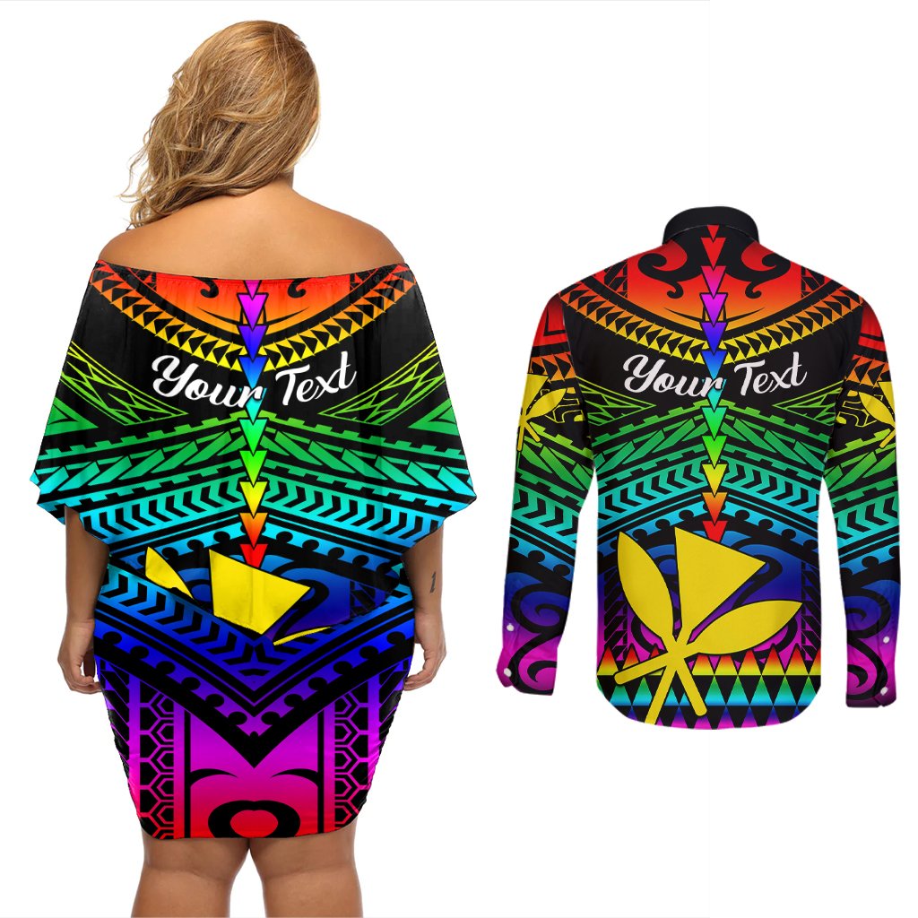 Personalised Hawaii Couples Matching Off Shoulder Short Dress and Long Sleeve Button Shirts Kanaka Maoli Kakau 2023 National Coming Out Day LT01 - Polynesian Pride