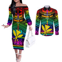 Personalised Hawaii Couples Matching Off The Shoulder Long Sleeve Dress and Long Sleeve Button Shirts Kanaka Maoli Kakau 2023 National Coming Out Day LT01 Black - Polynesian Pride