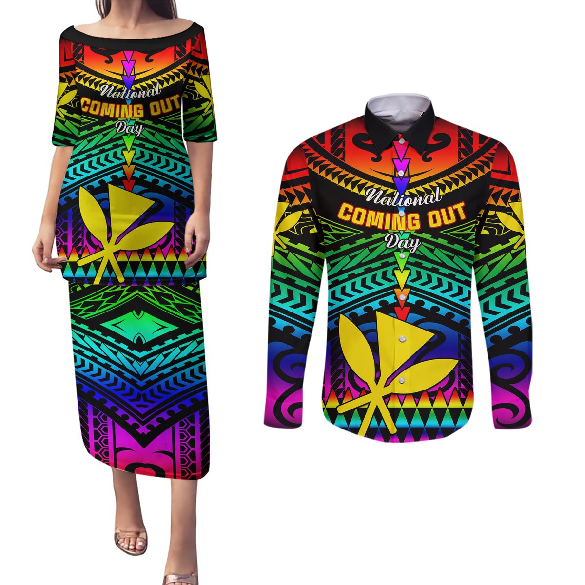 Personalised Hawaii Couples Matching Puletasi Dress and Long Sleeve Button Shirts Kanaka Maoli Kakau 2023 National Coming Out Day LT01 Black - Polynesian Pride