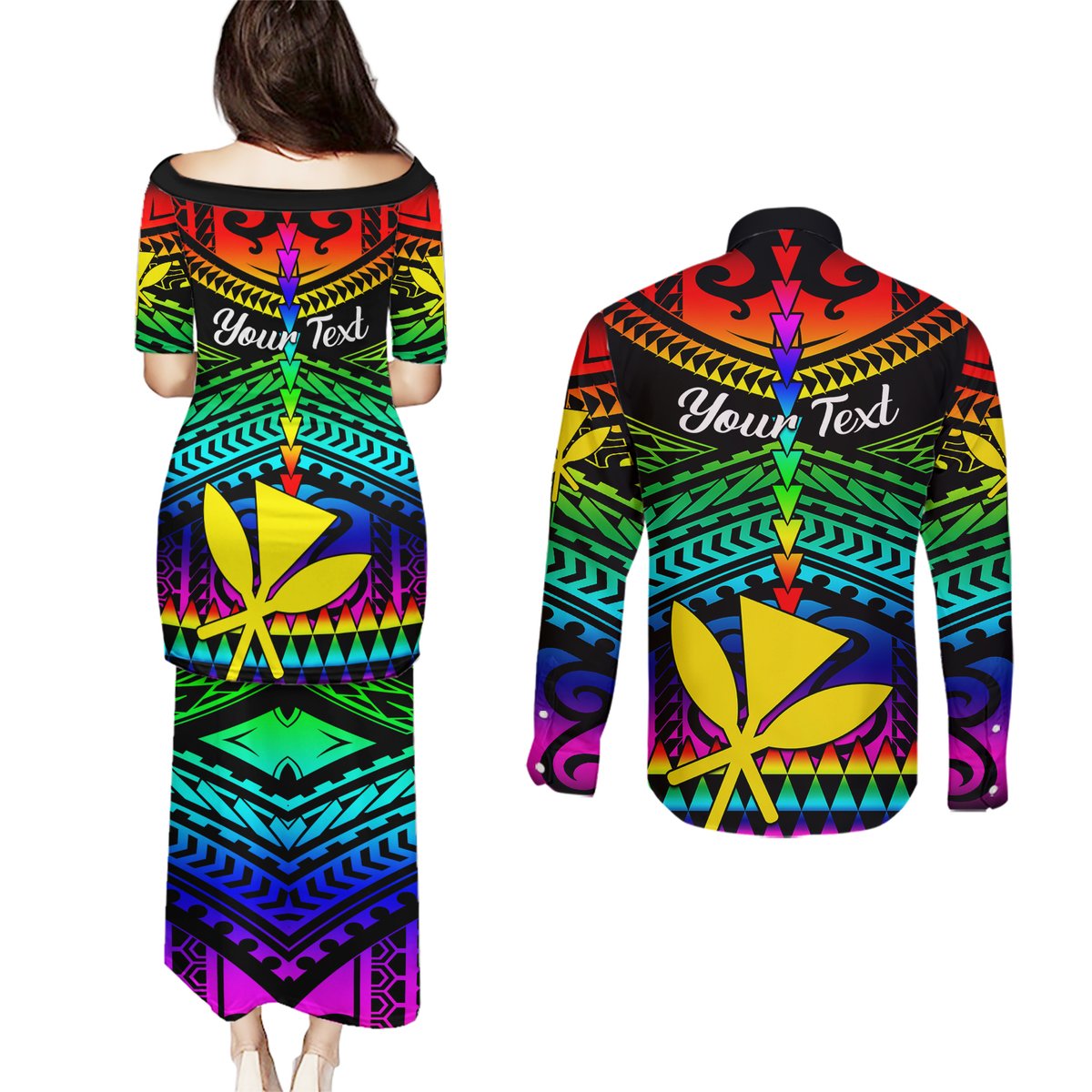 Personalised Hawaii Couples Matching Puletasi Dress and Long Sleeve Button Shirts Kanaka Maoli Kakau 2023 National Coming Out Day LT01 - Polynesian Pride