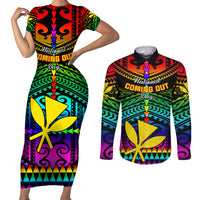 Personalised Hawaii Couples Matching Short Sleeve Bodycon Dress and Long Sleeve Button Shirts Kanaka Maoli Kakau 2023 National Coming Out Day LT01 Black - Polynesian Pride