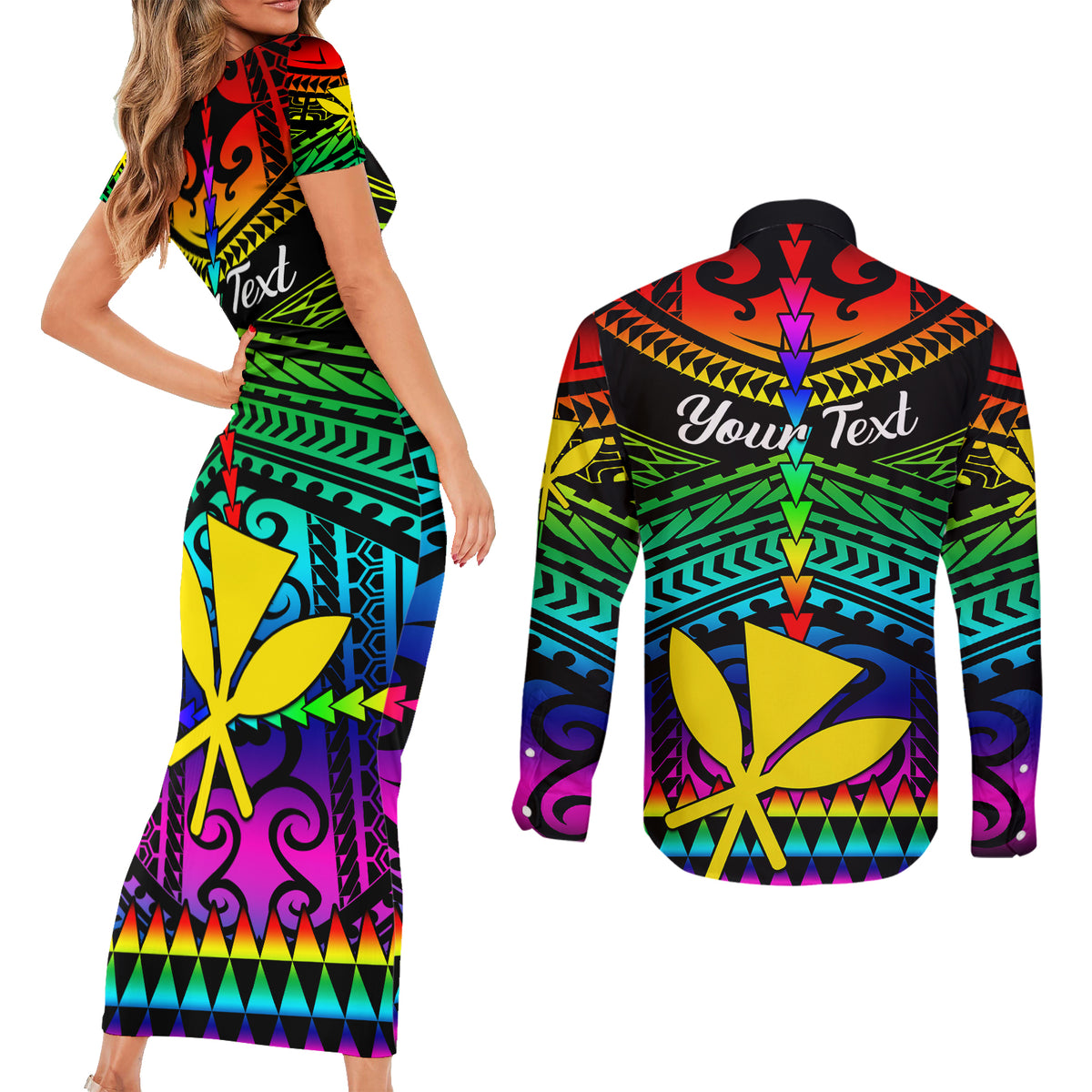 Personalised Hawaii Couples Matching Short Sleeve Bodycon Dress and Long Sleeve Button Shirts Kanaka Maoli Kakau 2023 National Coming Out Day LT01 - Polynesian Pride