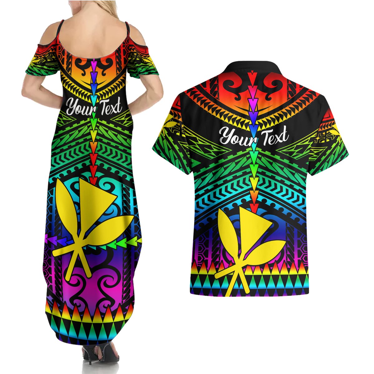 Personalised Hawaii Couples Matching Summer Maxi Dress and Hawaiian Shirt Kanaka Maoli Kakau 2023 National Coming Out Day LT01 - Polynesian Pride