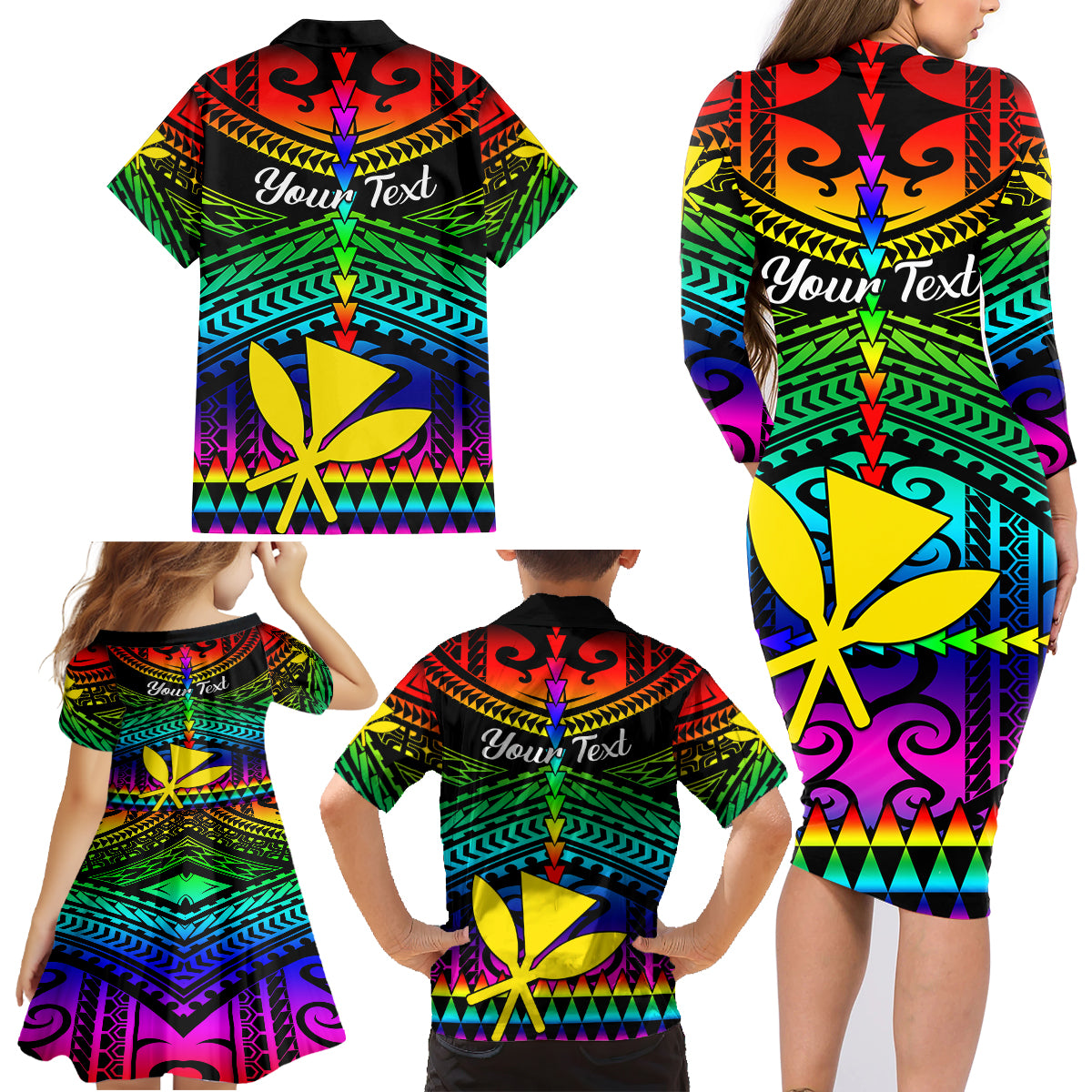Personalised Hawaii Family Matching Long Sleeve Bodycon Dress and Hawaiian Shirt Kanaka Maoli Kakau 2023 National Coming Out Day LT01 - Polynesian Pride