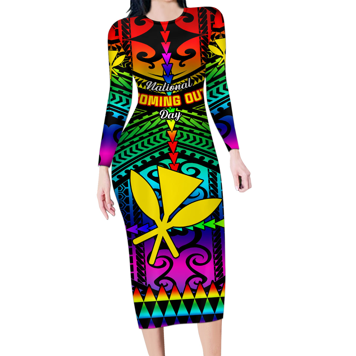 Personalised Hawaii Family Matching Long Sleeve Bodycon Dress and Hawaiian Shirt Kanaka Maoli Kakau 2023 National Coming Out Day LT01 Mom's Dress Black - Polynesian Pride