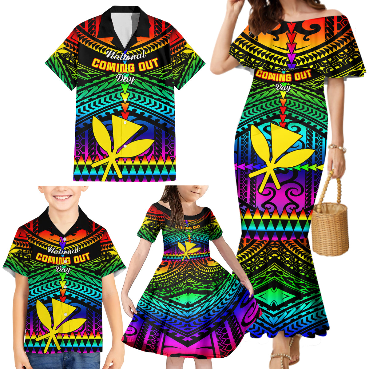 Personalised Hawaii Family Matching Mermaid Dress and Hawaiian Shirt Kanaka Maoli Kakau 2023 National Coming Out Day LT01 - Polynesian Pride