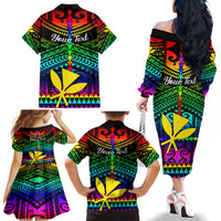 Personalised Hawaii Family Matching Off Shoulder Long Sleeve Dress and Hawaiian Shirt Kanaka Maoli Kakau 2023 National Coming Out Day LT01 - Polynesian Pride