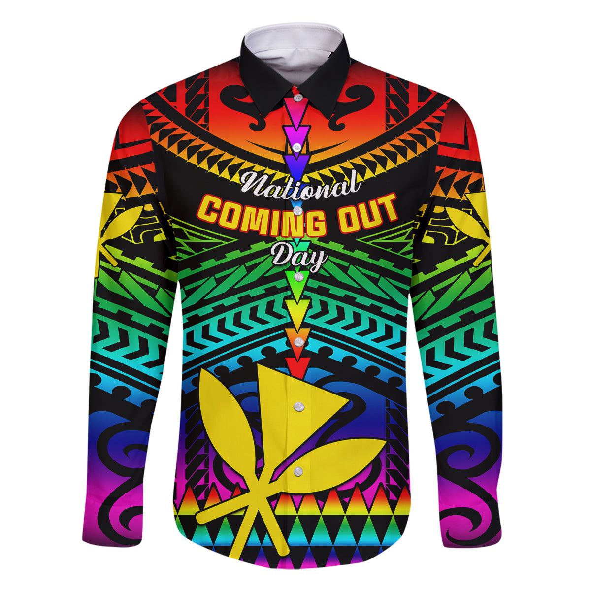 Personalised Hawaii Family Matching Off Shoulder Long Sleeve Dress and Hawaiian Shirt Kanaka Maoli Kakau 2023 National Coming Out Day LT01 Dad's Shirt - Long Sleeve Black - Polynesian Pride