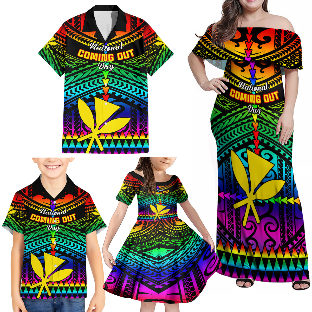 Personalised Hawaii Family Matching Off Shoulder Maxi Dress and Hawaiian Shirt Kanaka Maoli Kakau 2023 National Coming Out Day LT01 - Polynesian Pride