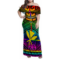 Personalised Hawaii Family Matching Off Shoulder Maxi Dress and Hawaiian Shirt Kanaka Maoli Kakau 2023 National Coming Out Day LT01 Mom's Dress Black - Polynesian Pride