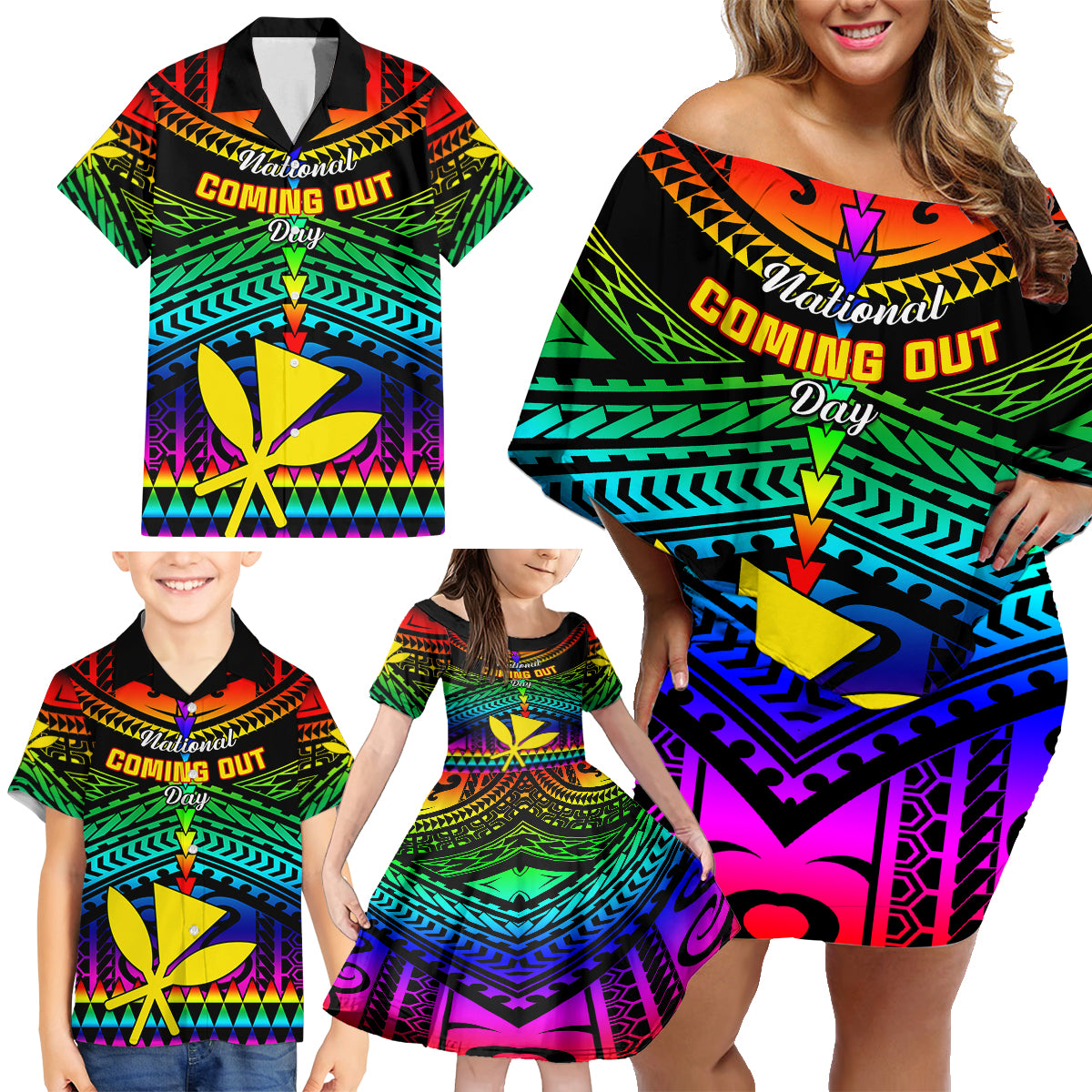 Personalised Hawaii Family Matching Off Shoulder Short Dress and Hawaiian Shirt Kanaka Maoli Kakau 2023 National Coming Out Day LT01 - Polynesian Pride