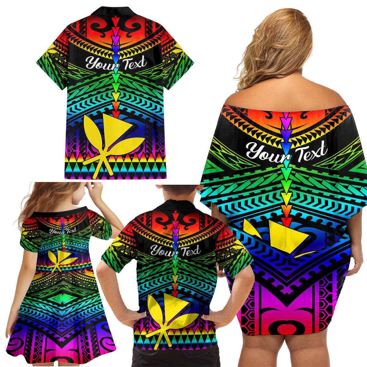 Personalised Hawaii Family Matching Off Shoulder Short Dress and Hawaiian Shirt Kanaka Maoli Kakau 2023 National Coming Out Day LT01 - Polynesian Pride