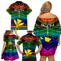 Personalised Hawaii Family Matching Off Shoulder Short Dress and Hawaiian Shirt Kanaka Maoli Kakau 2023 National Coming Out Day LT01 - Polynesian Pride