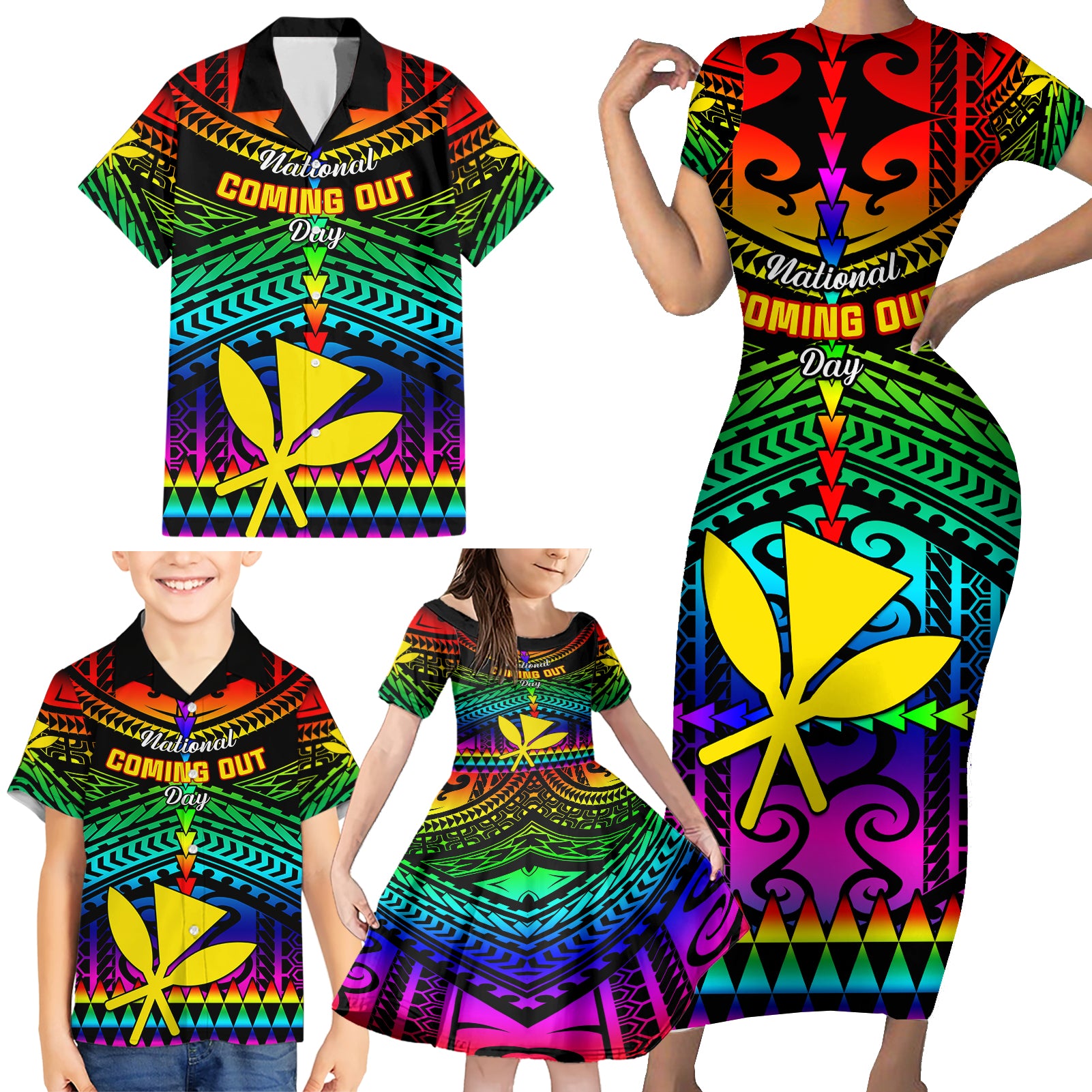 personalised-hawaii-family-matching-short-sleeve-bodycon-dress-and-hawaiian-shirt-kanaka-maoli-kakau-2023-national-coming-out-day