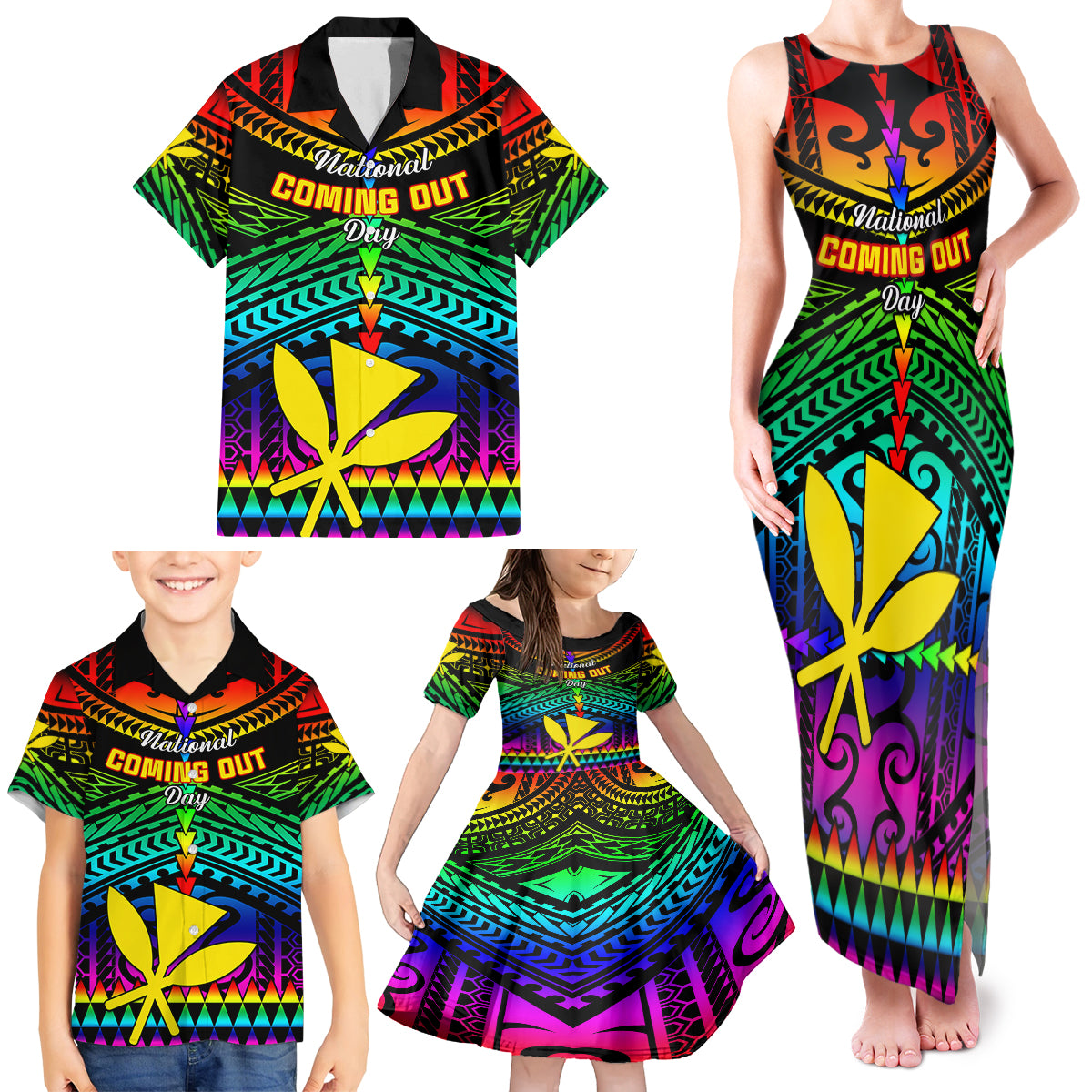 Personalised Hawaii Family Matching Tank Maxi Dress and Hawaiian Shirt Kanaka Maoli Kakau 2023 National Coming Out Day LT01 - Polynesian Pride