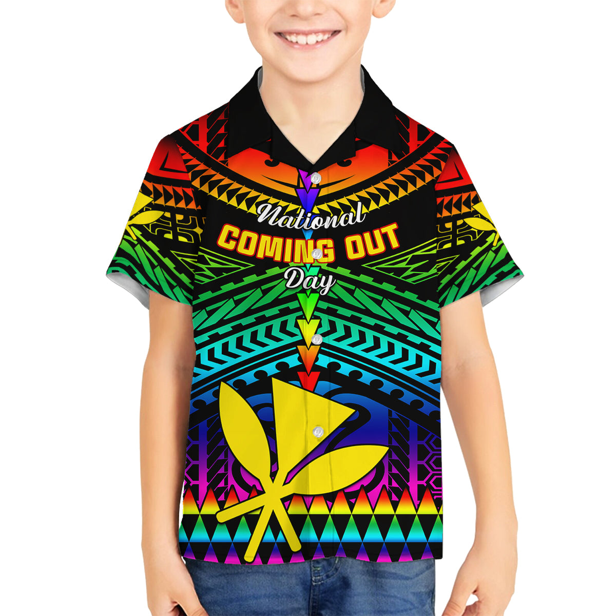Personalised Hawaii Family Matching Tank Maxi Dress and Hawaiian Shirt Kanaka Maoli Kakau 2023 National Coming Out Day LT01 Son's Shirt Black - Polynesian Pride
