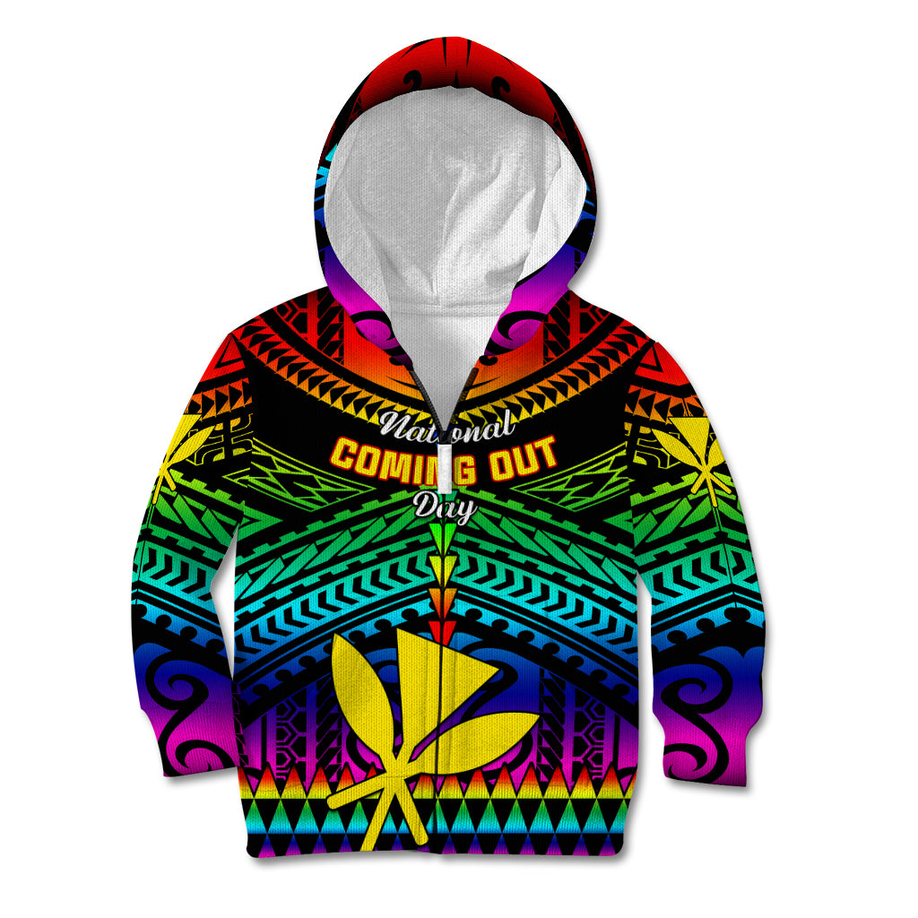 Personalised Hawaii Kid Hoodie Kanaka Maoli Kakau 2023 National Coming Out Day LT01 Zip Hoodie Black - Polynesian Pride