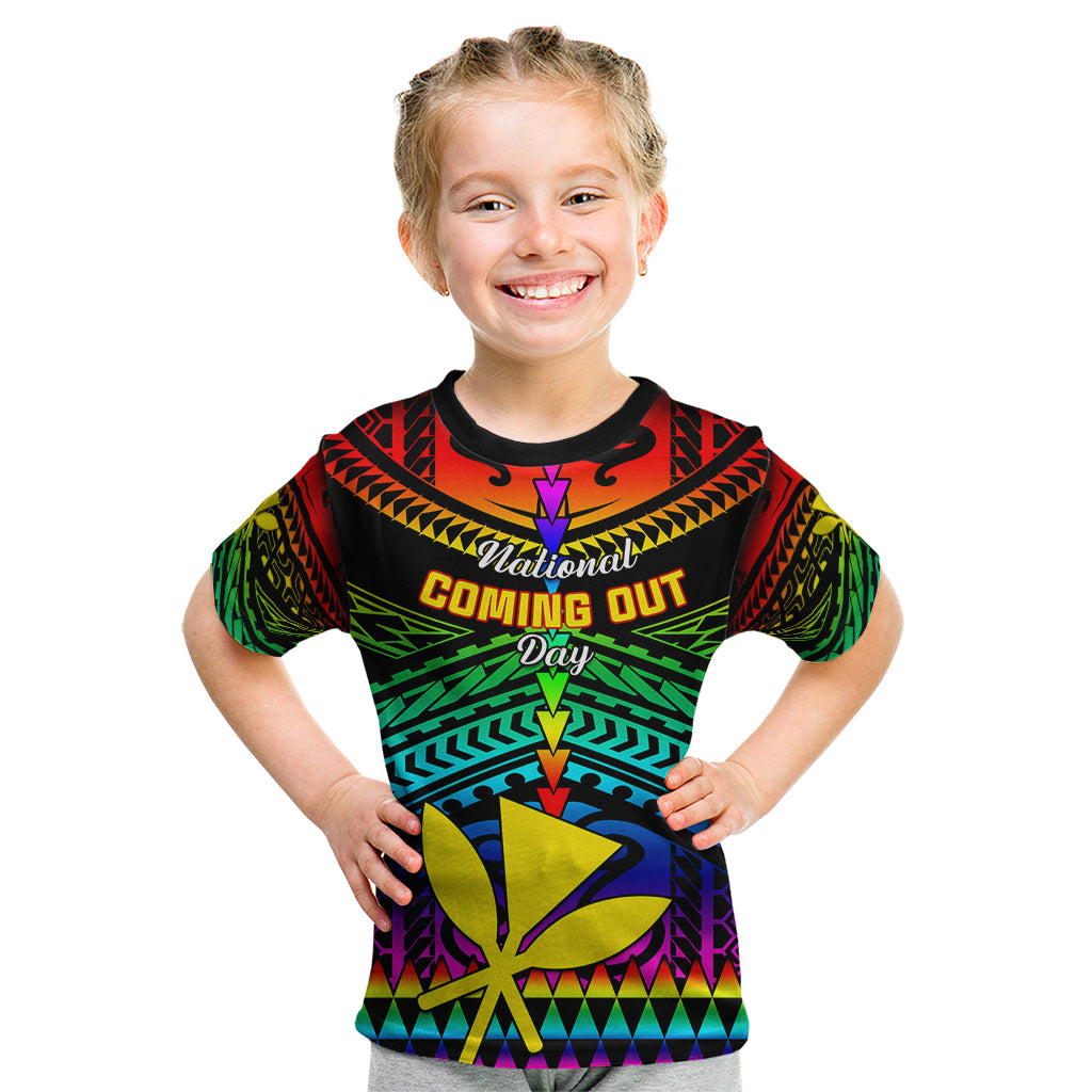 Personalised Hawaii Kid T Shirt Kanaka Maoli Kakau 2023 National Coming Out Day LT01 Black - Polynesian Pride