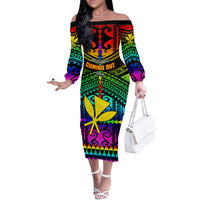 Personalised Hawaii Off The Shoulder Long Sleeve Dress Kanaka Maoli Kakau 2023 National Coming Out Day LT01 Women Black - Polynesian Pride