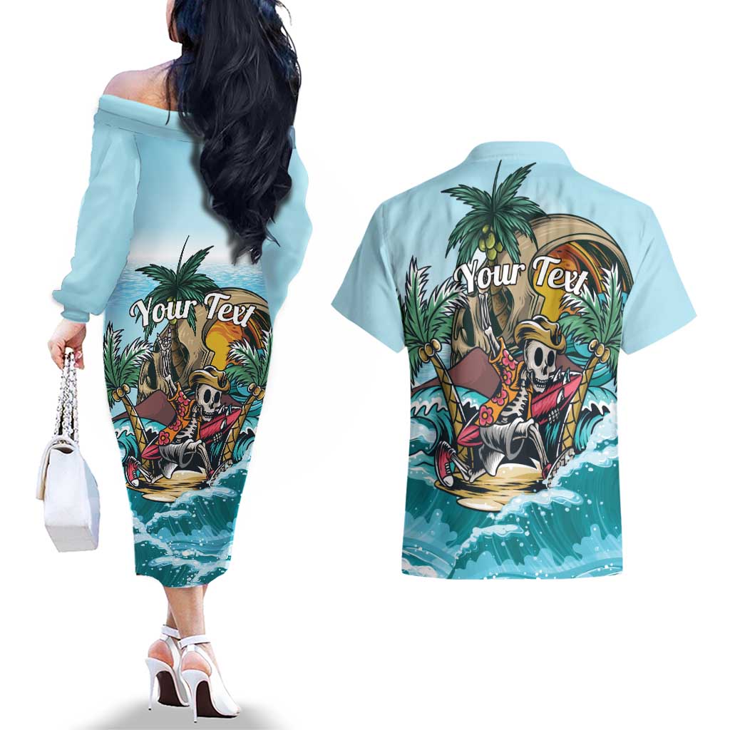 Personalized Aloha Hawaii Skeleton Couples Matching Off The Shoulder Long Sleeve Dress and Hawaiian Shirt Tropical Summer Vibe