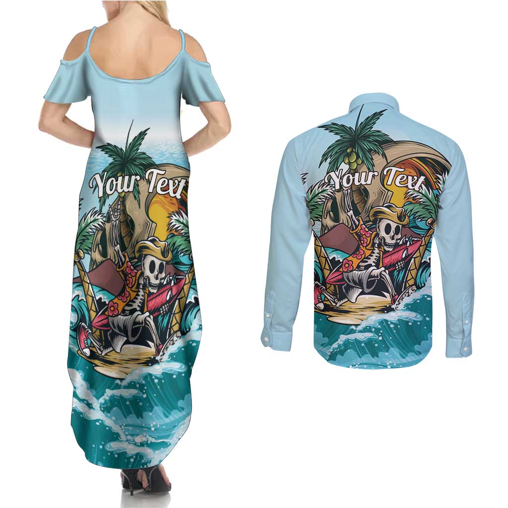 Personalized Aloha Hawaii Skeleton Couples Matching Summer Maxi Dress and Long Sleeve Button Shirt Tropical Summer Vibe