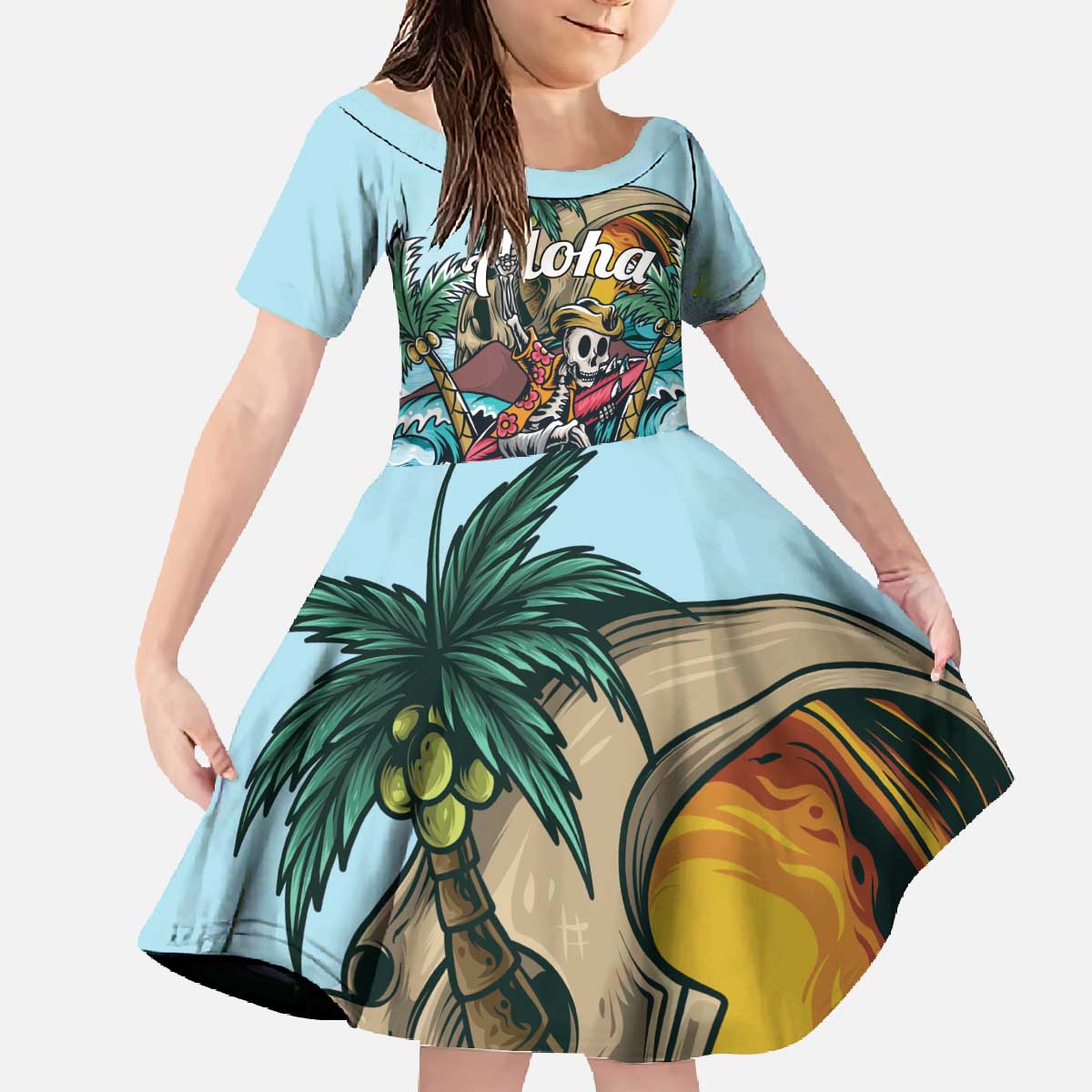 Personalized Aloha Hawaii Skeleton Family Matching Off The Shoulder Long Sleeve Dress and Hawaiian Shirt Tropical Summer Vibe LT01 Daughter's Dress Blue - Polynesian Pride