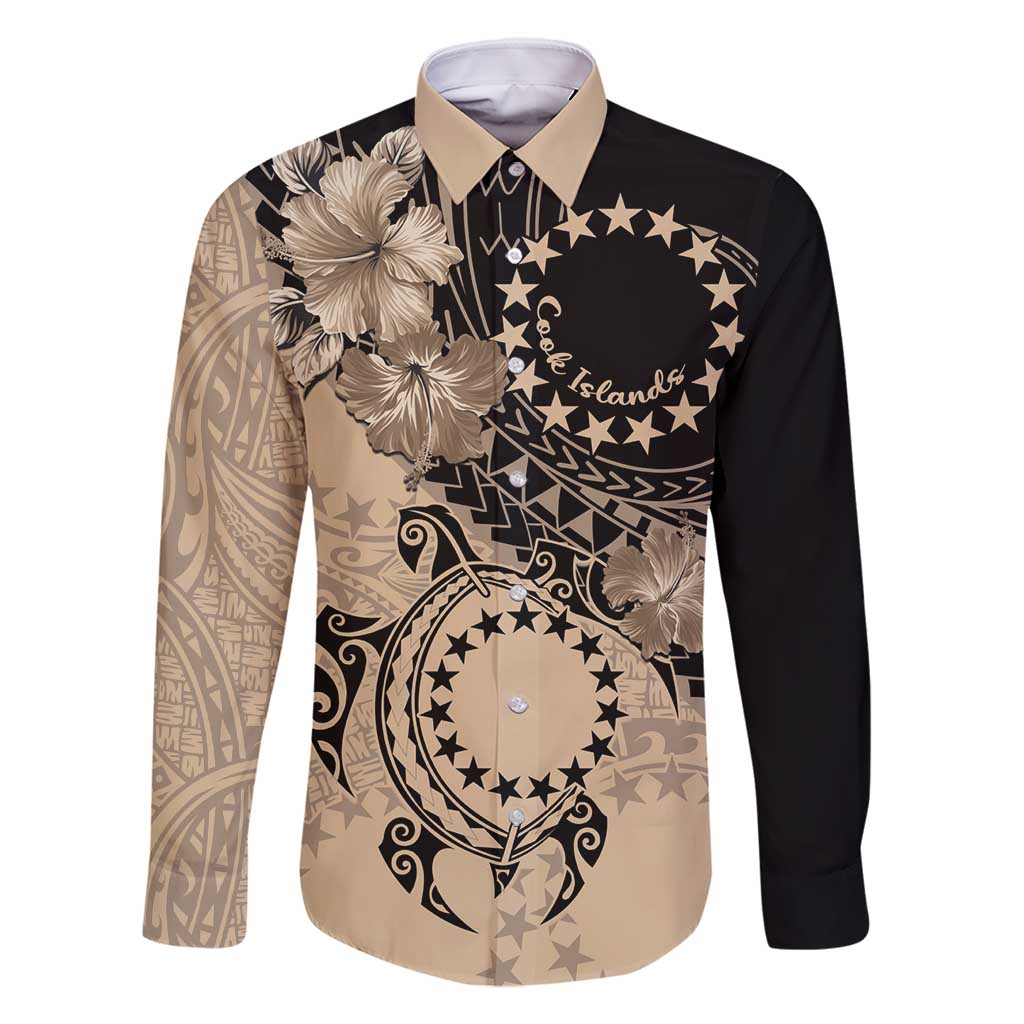 Cook Islands Turtle Family Matching Long Sleeve Bodycon Dress and Hawaiian Shirt Stars and Hibiscus - Beige LT01 Dad's Shirt - Long Sleeve Beige - Polynesian Pride