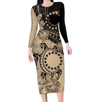 Cook Islands Turtle Family Matching Long Sleeve Bodycon Dress and Hawaiian Shirt Stars and Hibiscus - Beige LT01 Mom's Dress Beige - Polynesian Pride