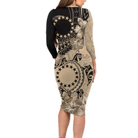 Cook Islands Turtle Family Matching Long Sleeve Bodycon Dress and Hawaiian Shirt Stars and Hibiscus - Beige LT01 - Polynesian Pride