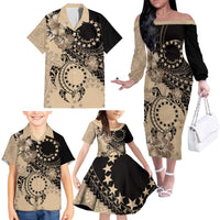 Cook Islands Turtle Family Matching Off The Shoulder Long Sleeve Dress and Hawaiian Shirt Stars and Hibiscus - Beige LT01 - Polynesian Pride
