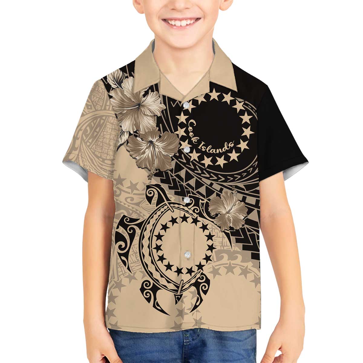 Cook Islands Turtle Family Matching Off The Shoulder Long Sleeve Dress and Hawaiian Shirt Stars and Hibiscus - Beige LT01 Son's Shirt Beige - Polynesian Pride