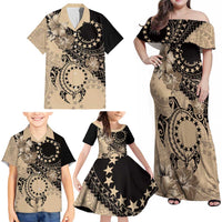 Cook Islands Turtle Family Matching Off Shoulder Maxi Dress and Hawaiian Shirt Stars and Hibiscus - Beige LT01 - Polynesian Pride